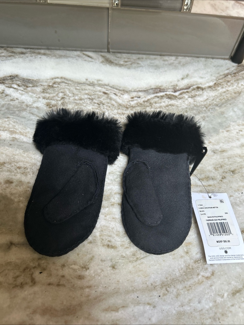 UGG SHEEPSKIN MITTENS Black suede kids  TODDLER 2 - 4 YEARS NWT $95